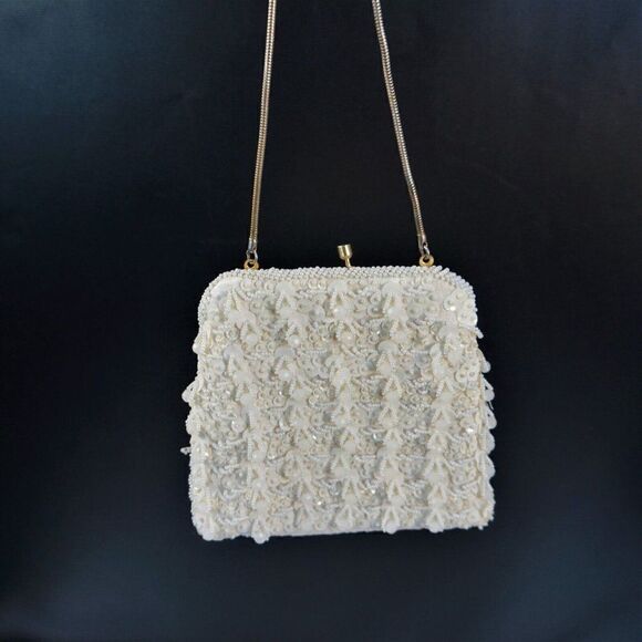 Beaded Sequined Cocktail Purse Vintage Hand Made In Hong Kong Off White - Picture 3 of 8